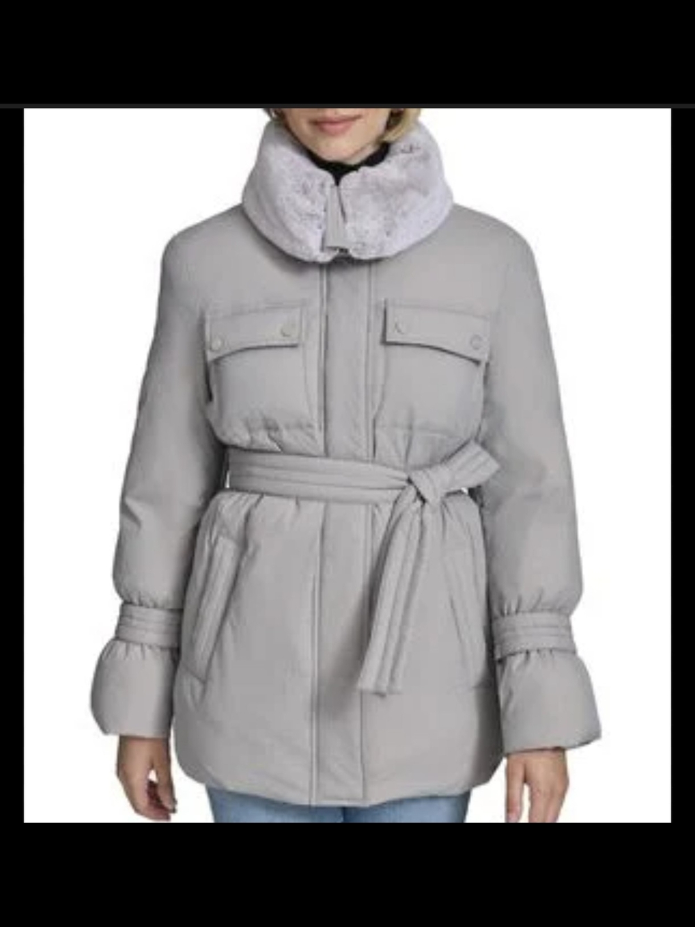 Andrew Marc Light Gray Quilted Puffer Coat with Faux Fur Collar